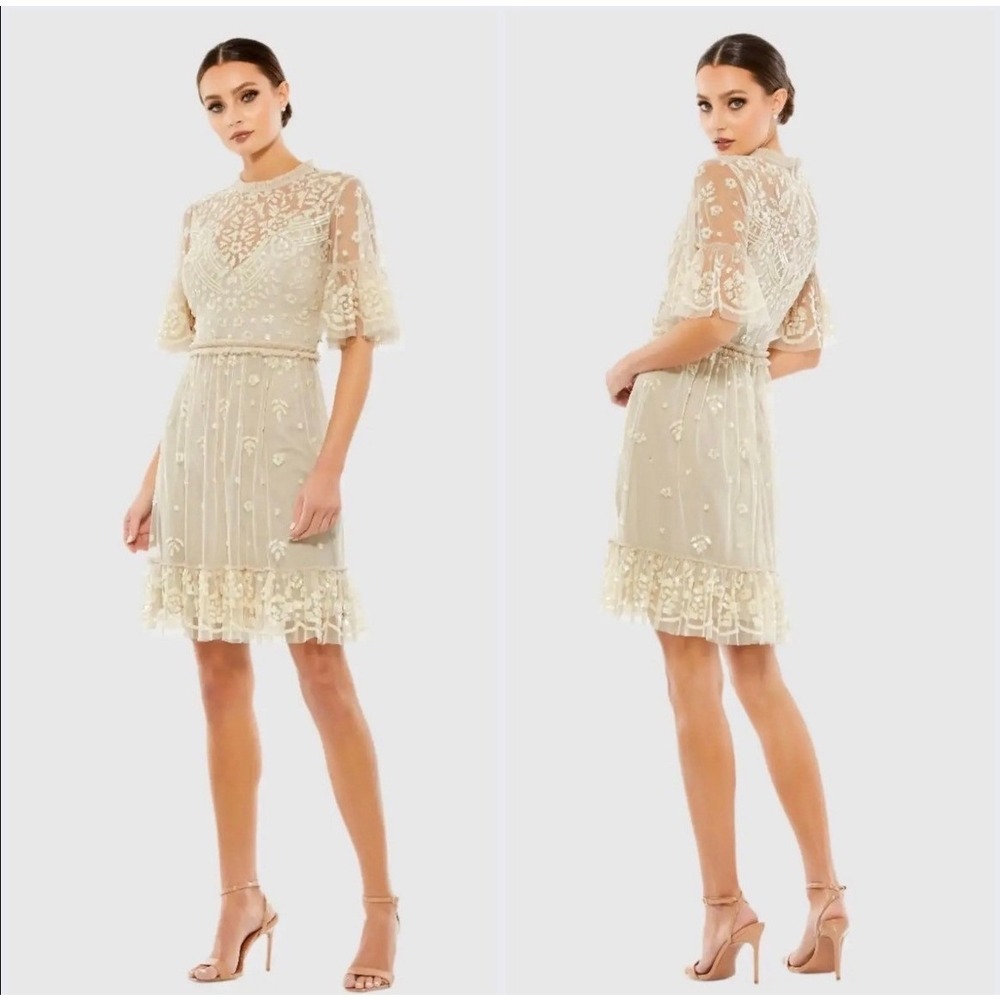 Mac Duggal Embellished Illusion High Neck Sequin Mini Dress Size 8 NWT
